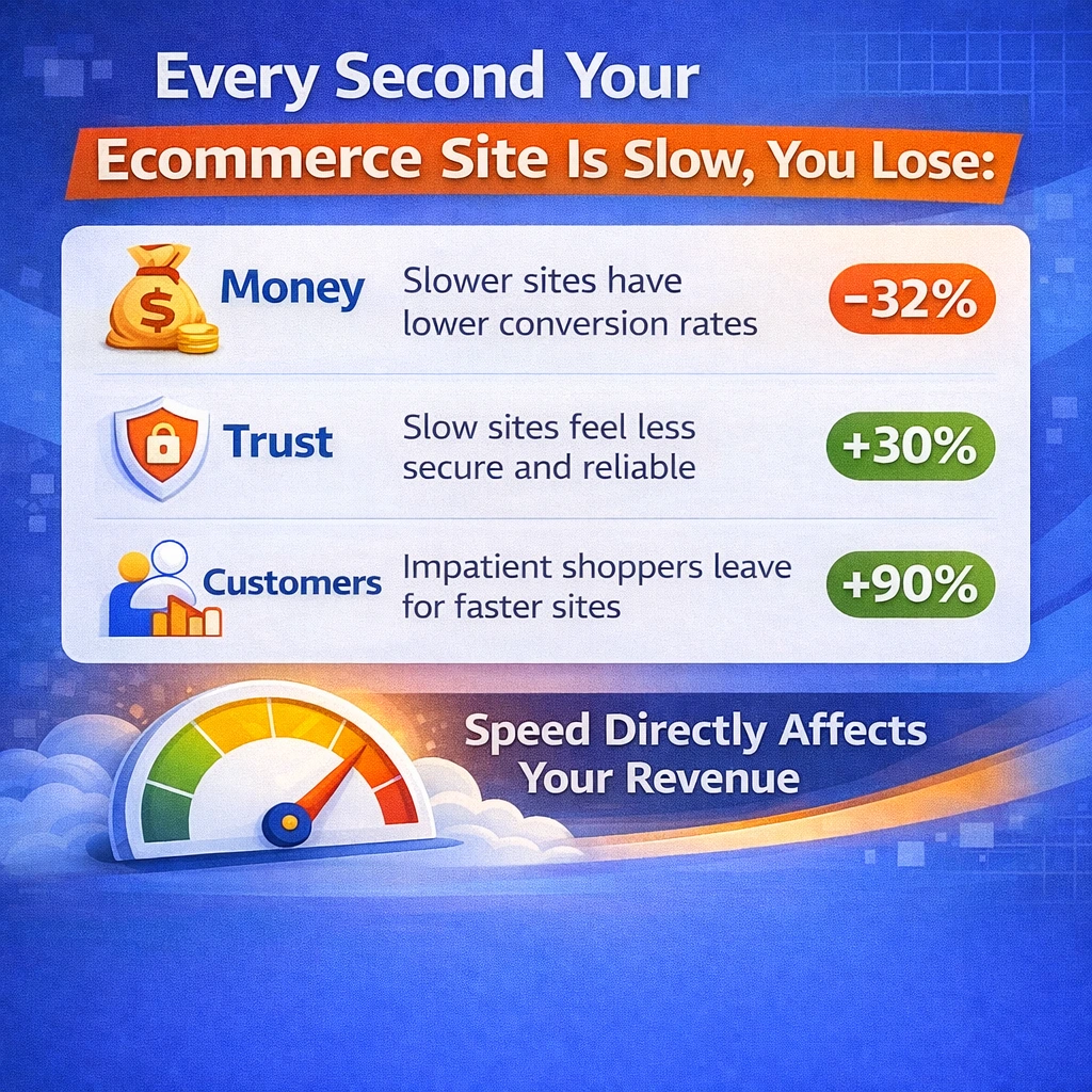 Visual showing how slow ecommerce websites negatively impact conversion rates, trust, and customer retention, emphasizing the loss of money, trust, and customers.