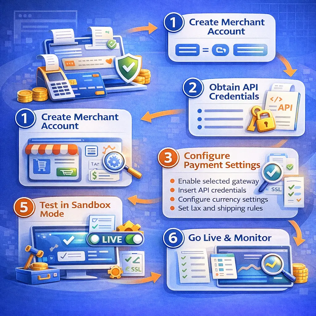 A visual representation of the payment gateway integration process, displaying six key steps: creating a merchant account, obtaining API credentials, configuring payment settings, testing in sandbox mode, going live, and monitoring the system. Icons represent each step, including a shopping cart, API key, and live mode status.