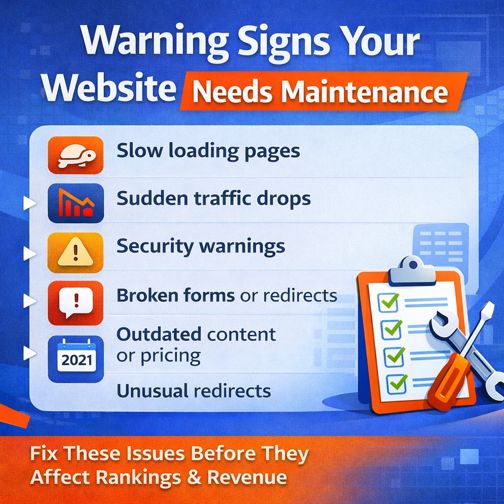 Infographic listing warning signs that indicate a website needs maintenance, including slow loading pages, sudden traffic drops, security warnings, broken forms, outdated content, and unusual redirects.