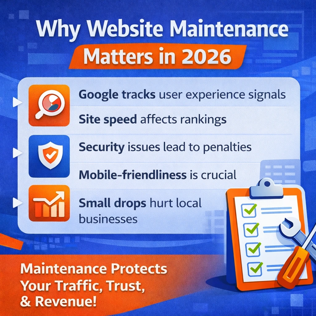 Infographic highlighting the importance of website maintenance in 2026, focusing on user experience signals, site speed, security issues, mobile-friendliness, and the impact of small drops on local businesses.