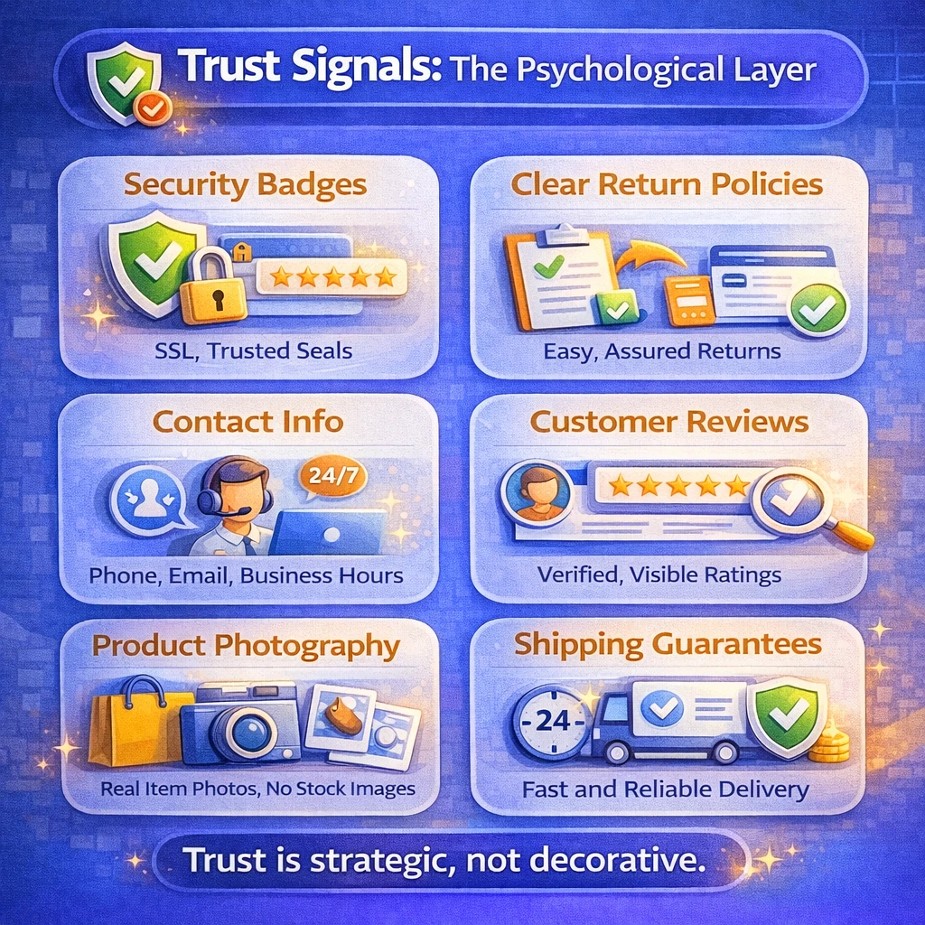 A graphic outlining key trust signals for ecommerce websites, including security badges, return policies, contact info, customer reviews, product photography, and shipping guarantees to boost customer trust.