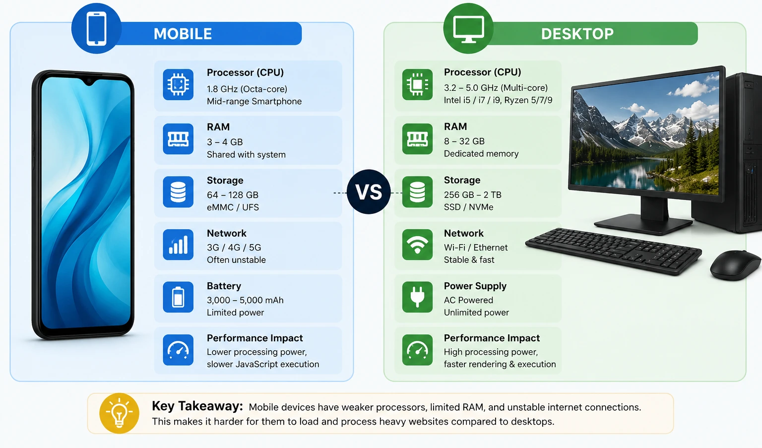 Comparison chart of mobile phone vs desktop computer CPU speed and RAM showing why mobile is slower