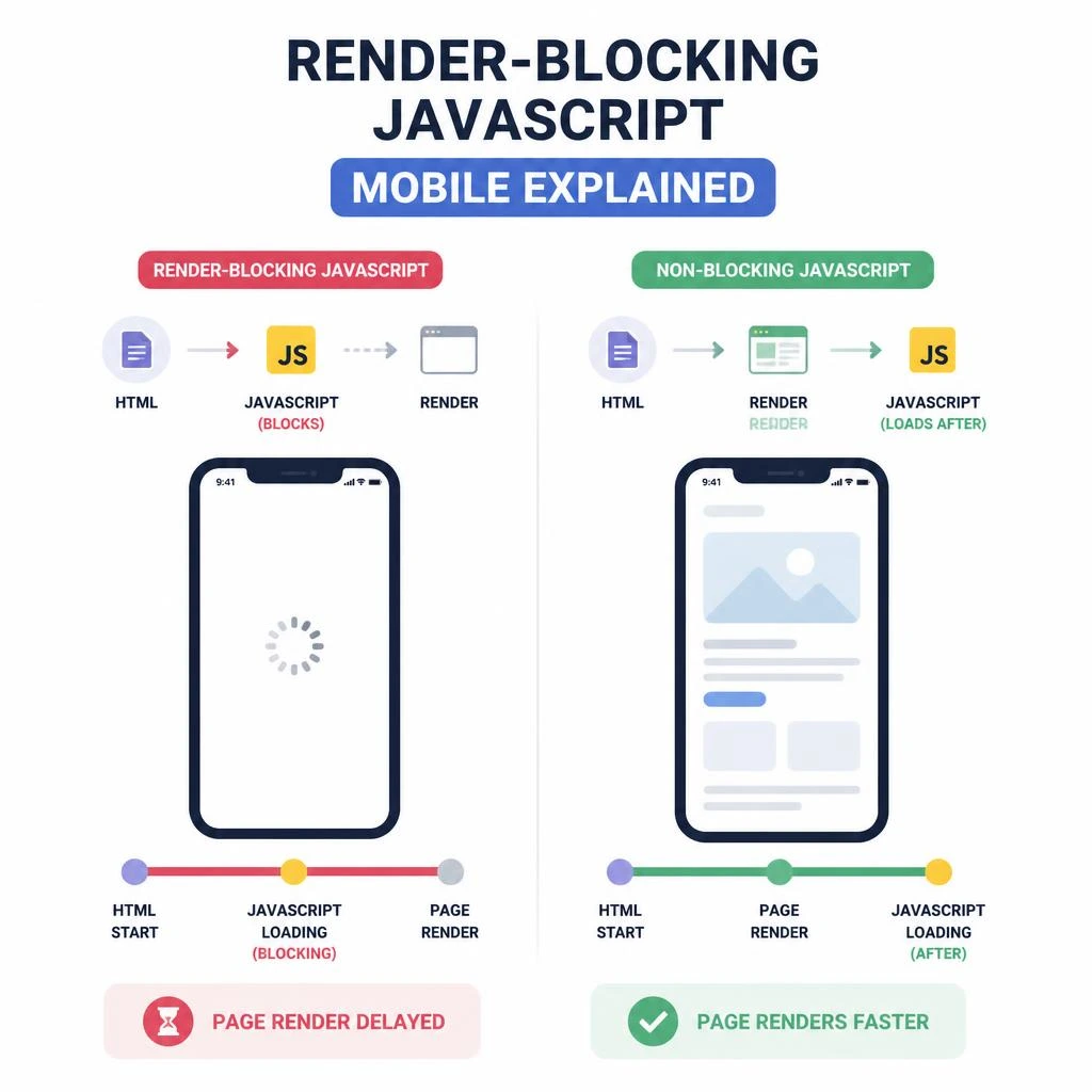 Diagram explaining how render-blocking JavaScript delays mobile website page load and affects INP score