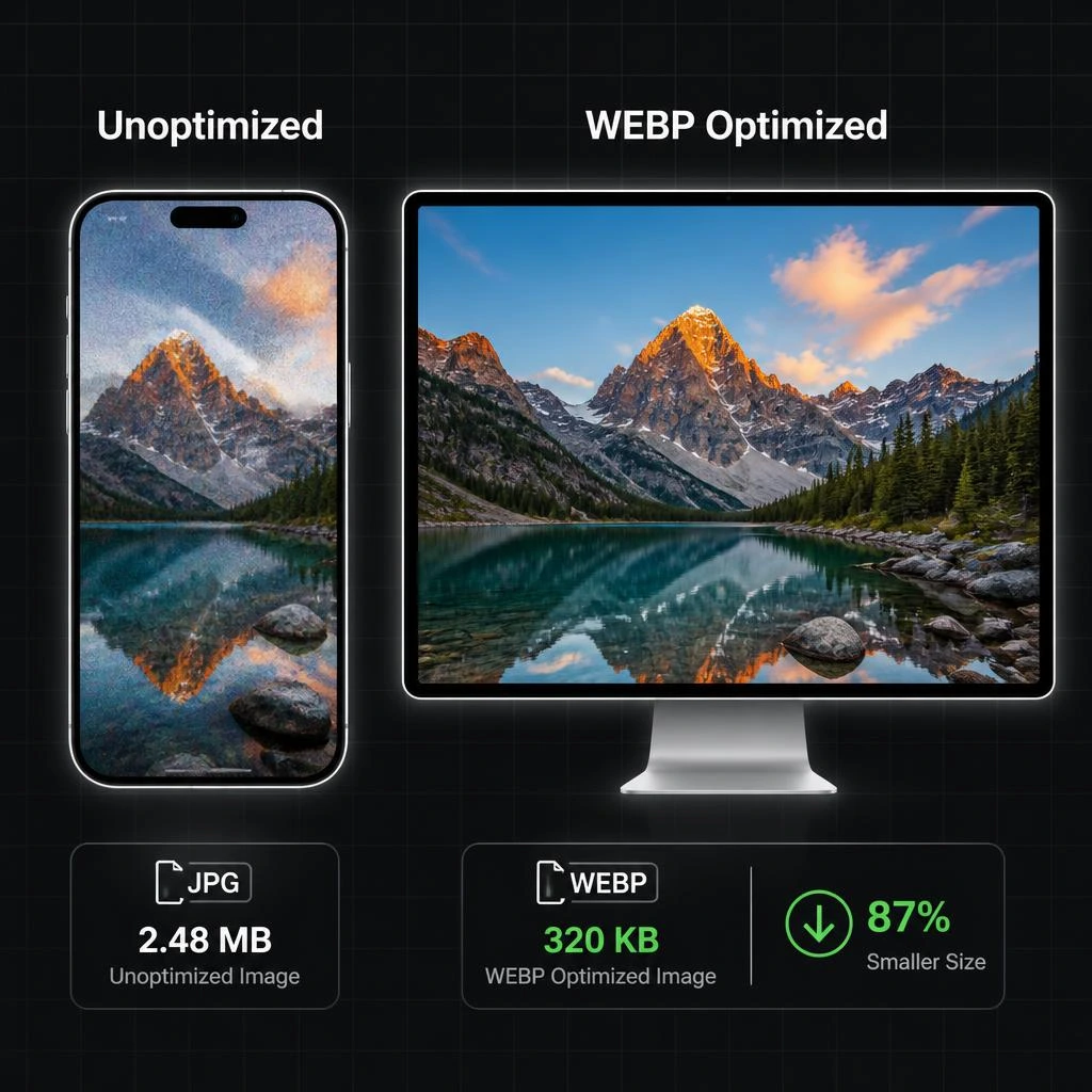 Comparison of unoptimized large image served to mobile vs optimized WebP image showing file size difference
