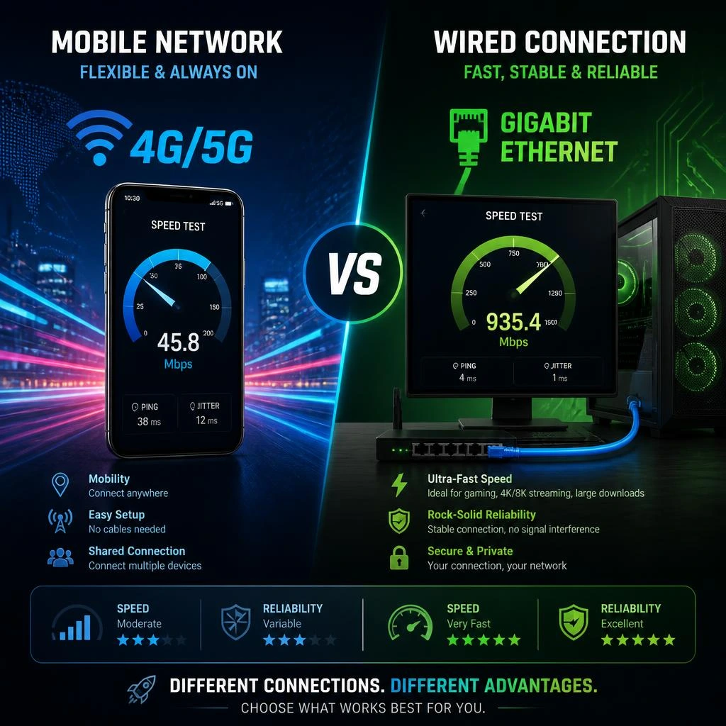 Diagram showing mobile network inconsistency vs stable wired desktop connection and its effect on website speed