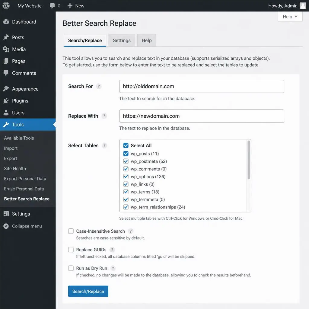 Better Search Replace plugin interface in WordPress showing old domain being replaced with new domain 