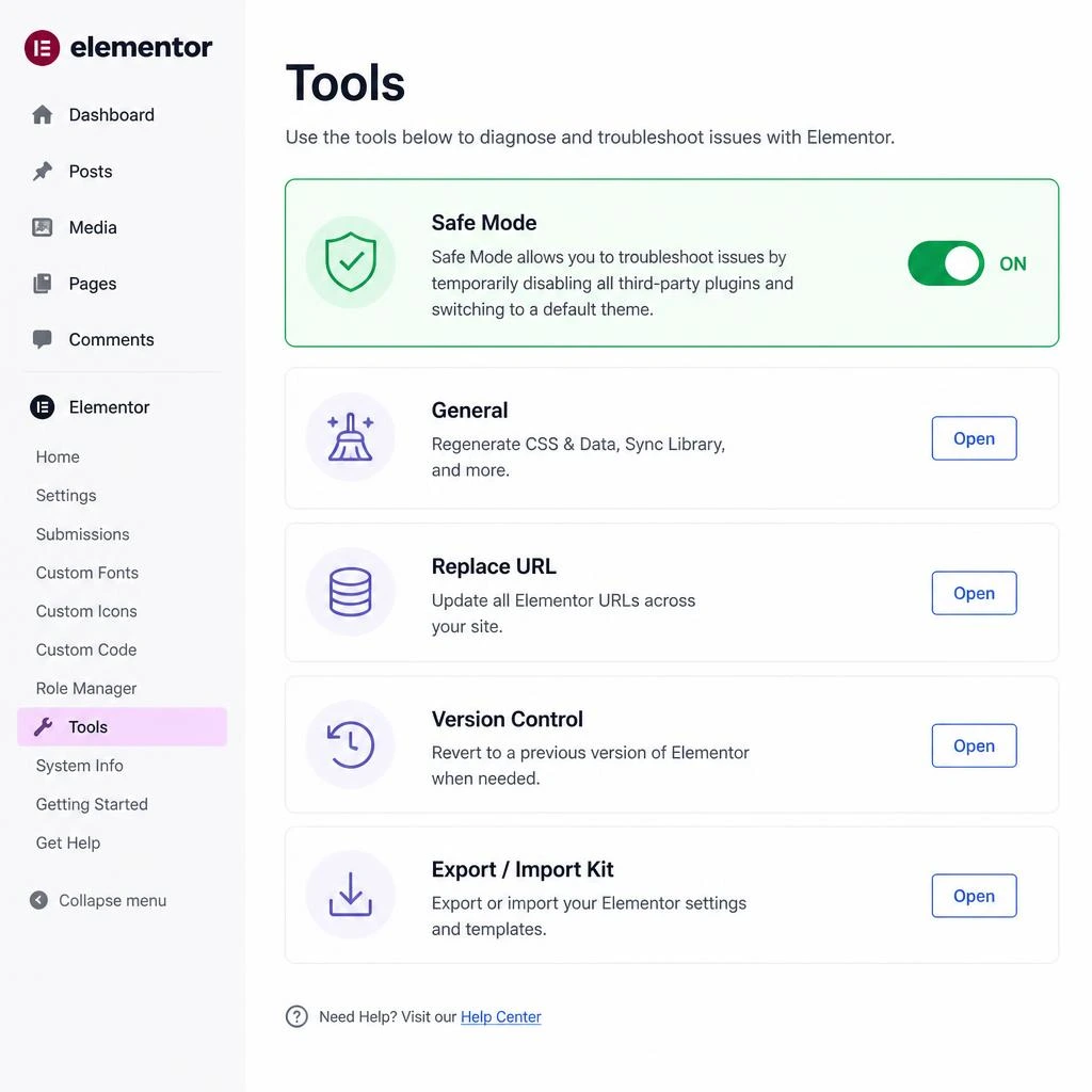 Elementor Safe Mode enabled in Tools to diagnose plugin conflict causing CSS not updating