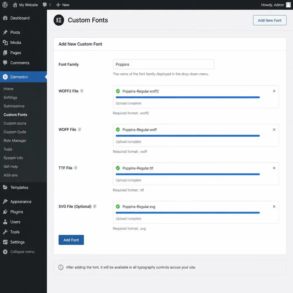 Elementor Pro Custom Fonts manager showing font file upload fields for woff2 and woff formats 