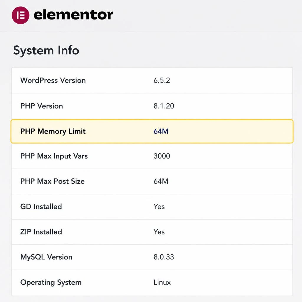 Elementor System Info page showing PHP memory limit that may cause CSS regeneration to fail
