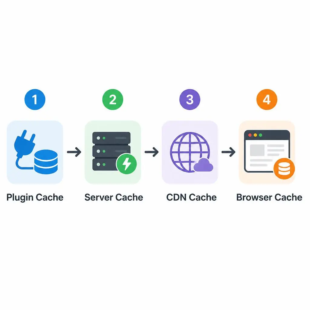 Diagram showing four cache layers to clear in WordPress: plugin cache, server cache, CDN cache, and browser cache