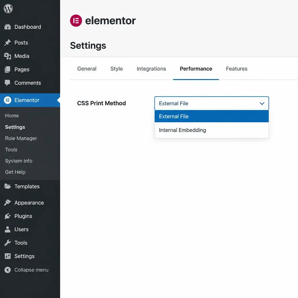 Elementor Settings Performance tab showing CSS Print Method options External File and Internal Embedding