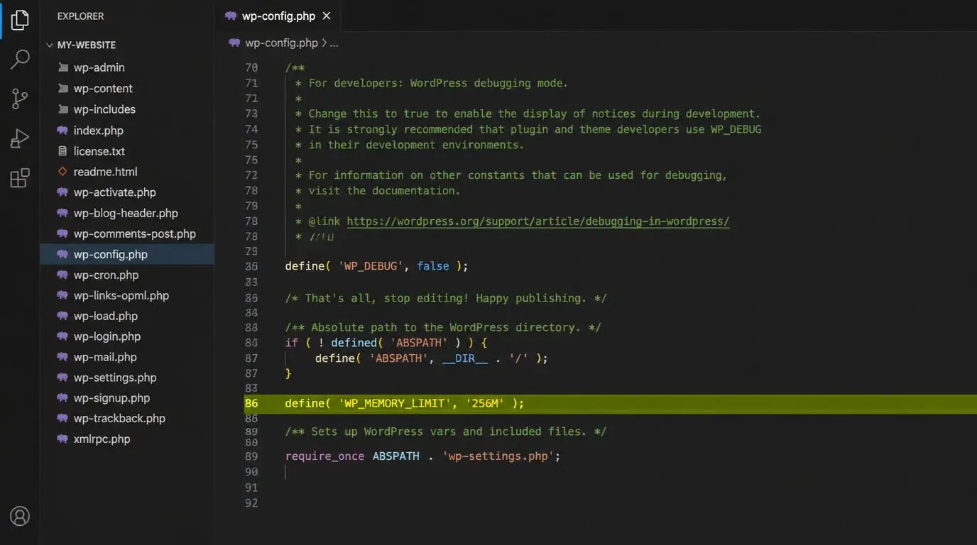 wp-config.php file open in code editor with the PHP memory limit line define WP_MEMORY_LIMIT 256M highlighted in yellow