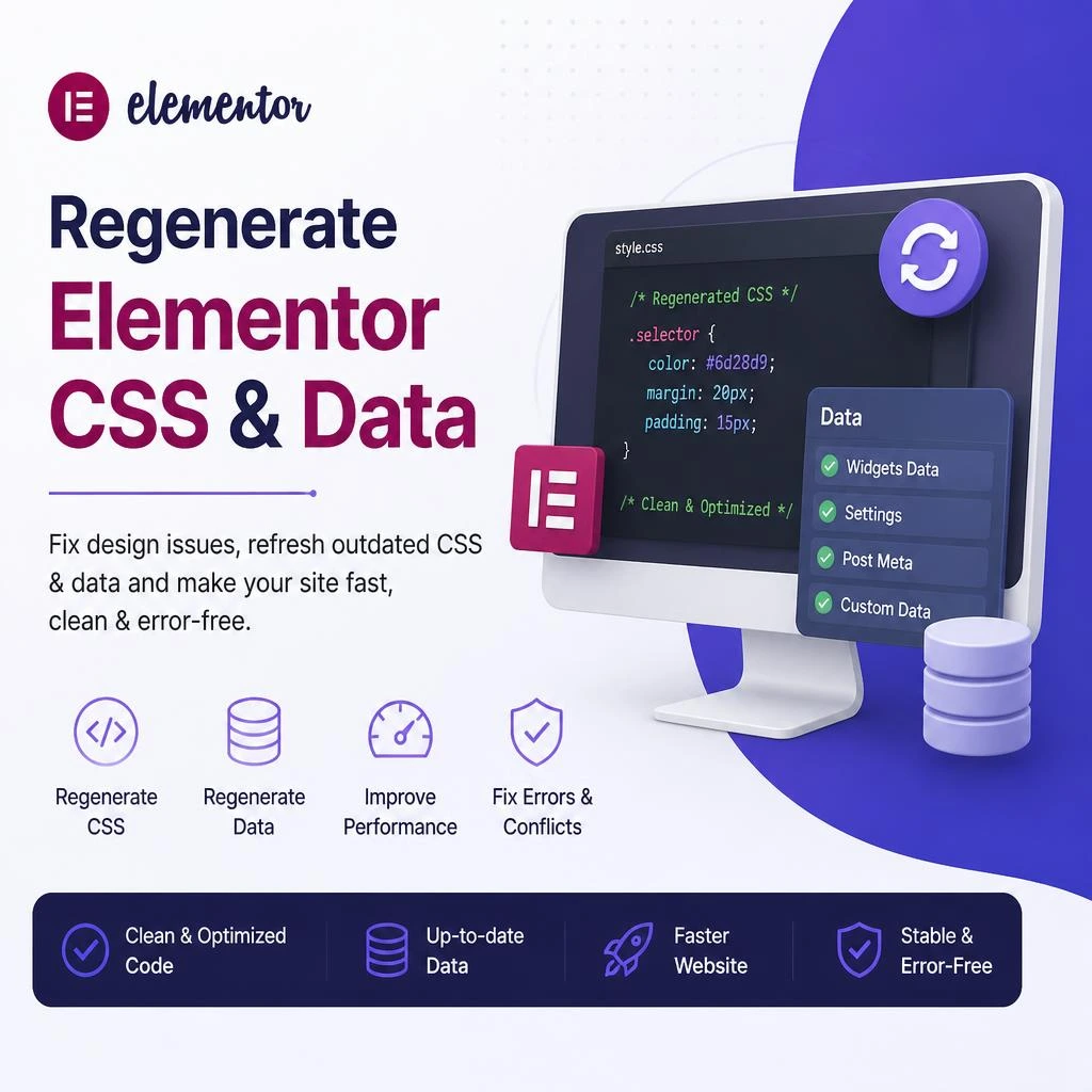 Elementor Regenerate CSS and Data settings option in WordPress dashboard. (Perfect for Google Image Search and accessibility/screen readers.)