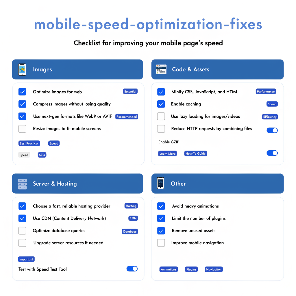 Infographic checklist of 6 fastest fixes to improve mobile website speed including WebP images lazy loading and caching