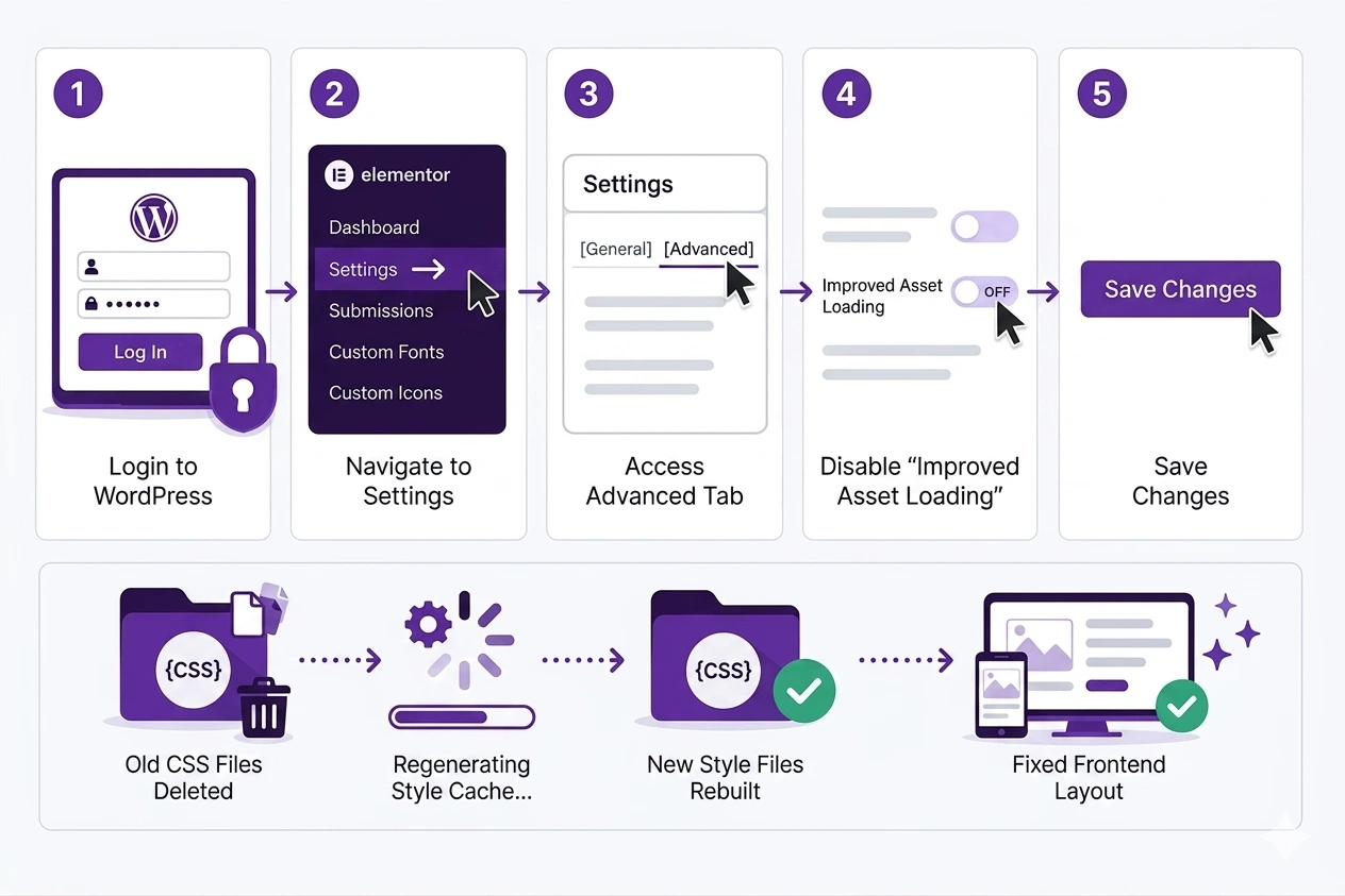 Steps to disable Improved Asset Loading in Elementor settings