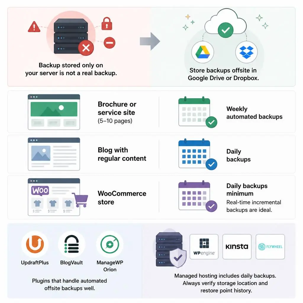 WordPress backup flow diagram showing offsite cloud storage for small business websites