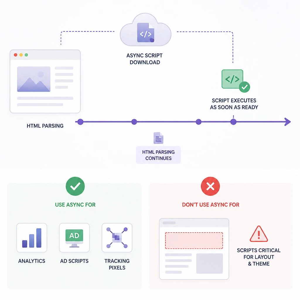 Side-by-side comparison of deferred versus async JavaScript loading behavior.