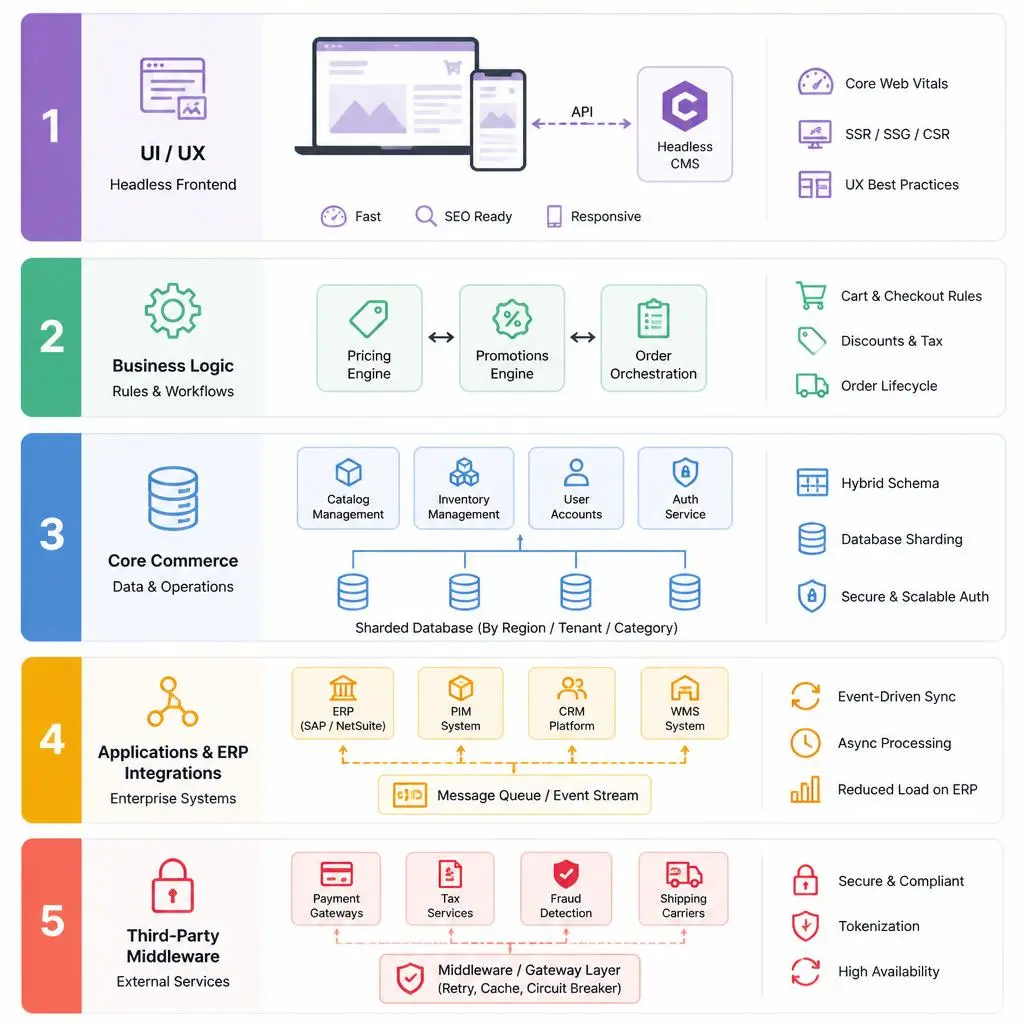 Five layer ecommerce architecture framework infographic presentation business logic commerce modules apps middleware