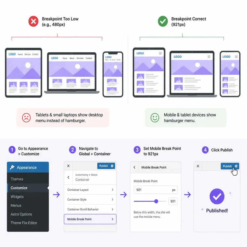 Astra theme customizer panel interface showcasing the mobile breakpoint input field set to 921px