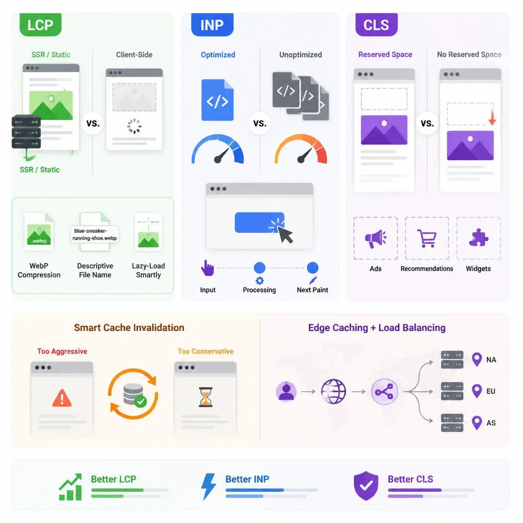 Core Web Vitals INP LCP CLS optimization chart at server level for ecommerce