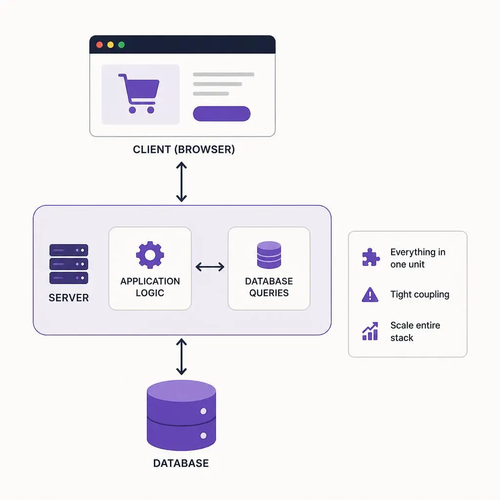 Two tier and three tier ecommerce architecture diagram with presentation business logic and data layers
