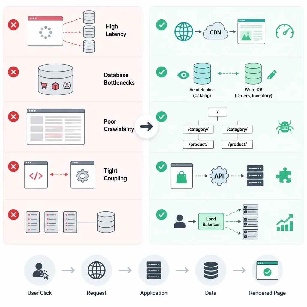Comparison chart of weak ecommerce architecture versus robust SEO driven architecture