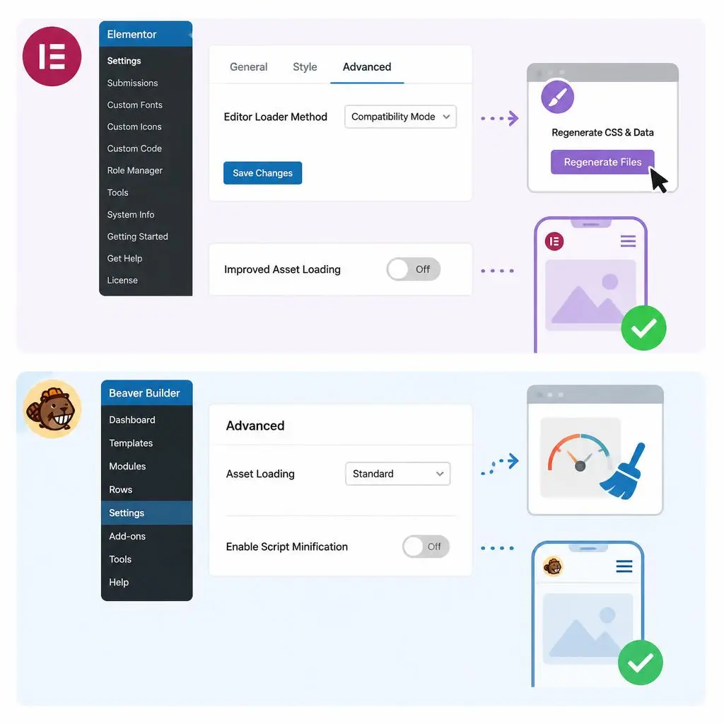 Elementor settings advanced configuration tab displaying improved asset loading disabled option toggle