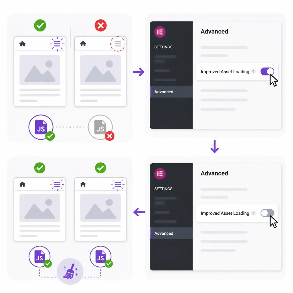 Elementor settings features dashboard showing the toggle switch for improved asset loading.