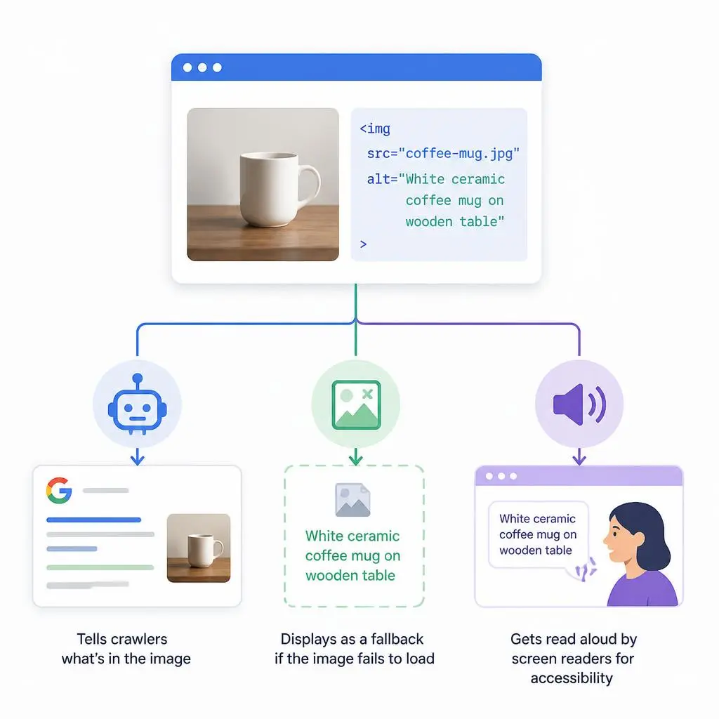 A creative digital banner representing modern image SEO best practices and alt text optimization