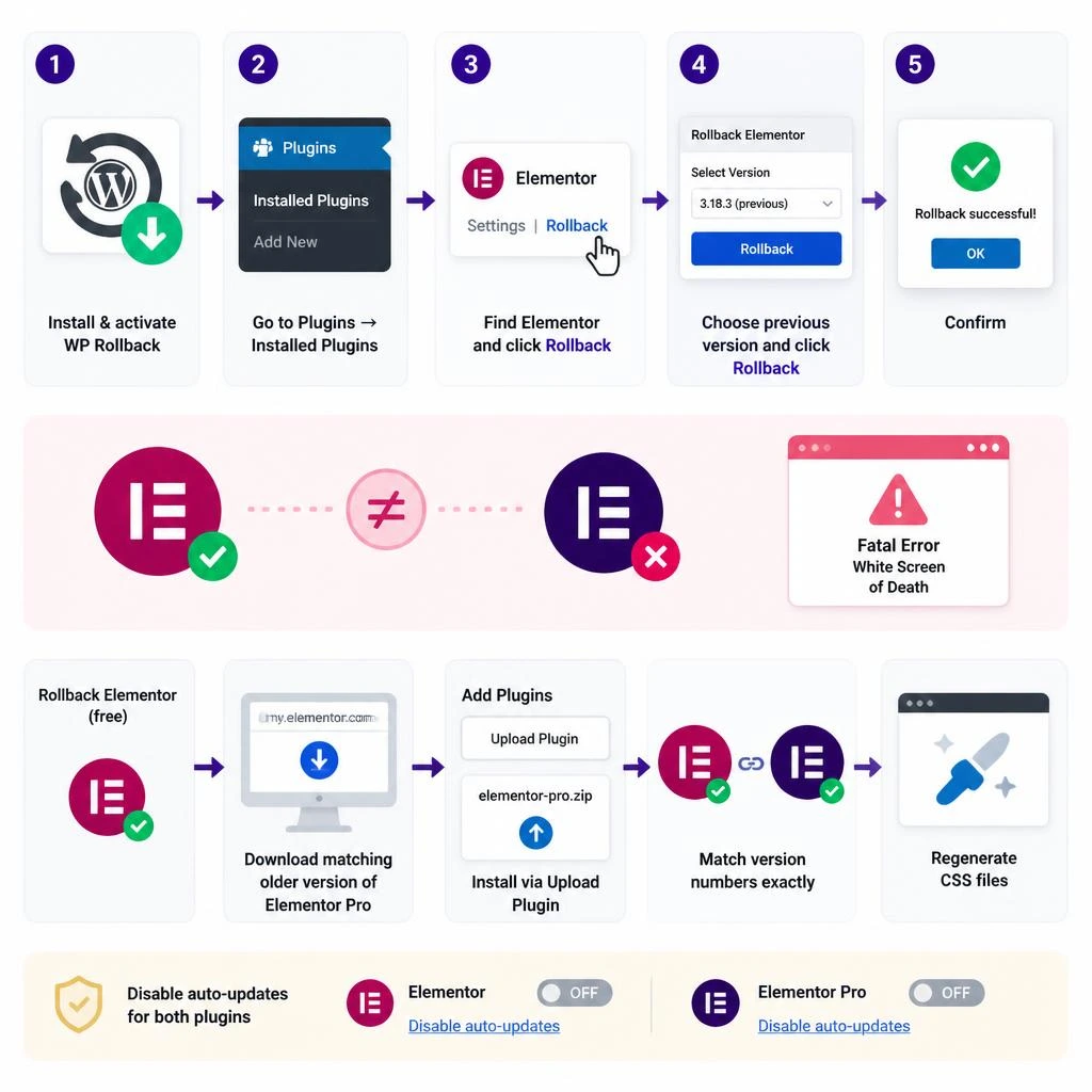 An infographic illustrating the process of reverting the Elementor page builder plugin to an older stable version in the WordPress dashboard.