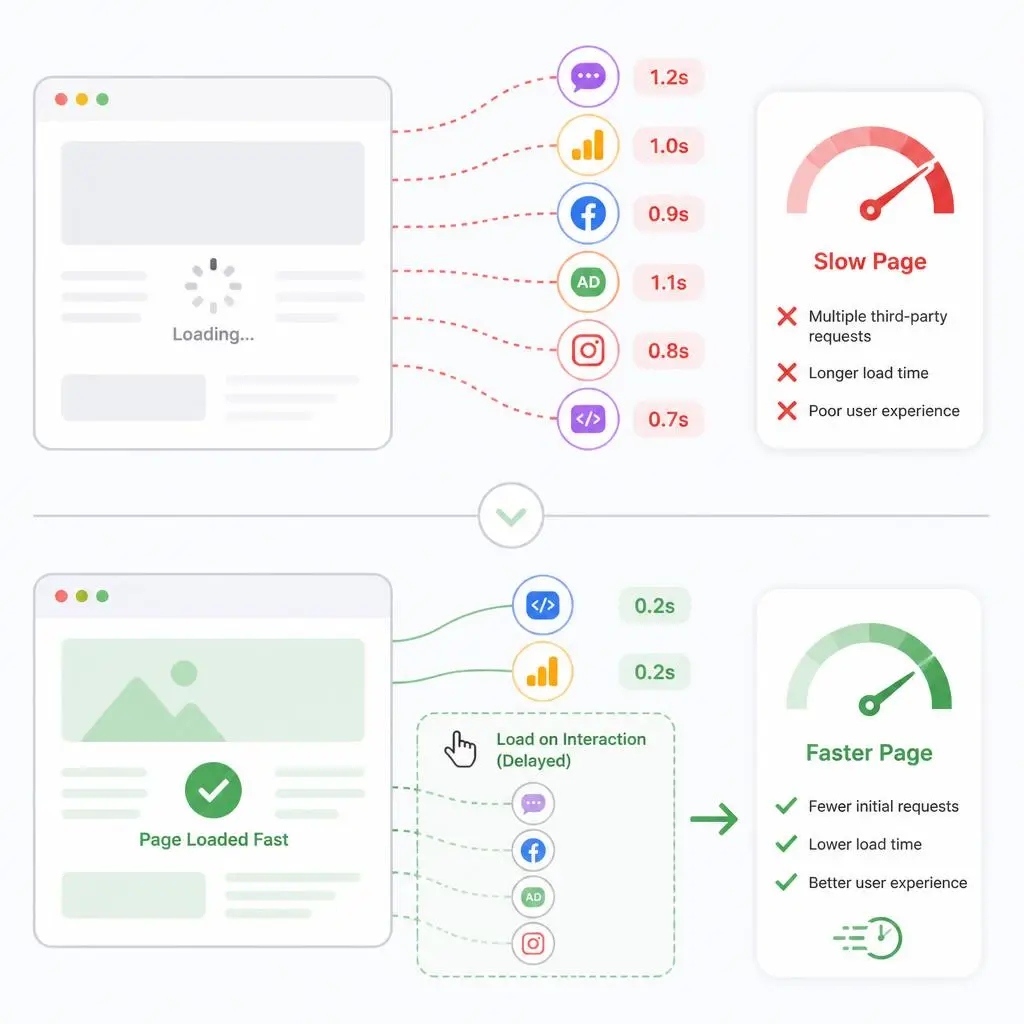 Illustration of excessive WordPress plugins and app extensions causing website slowdown and performance issues.