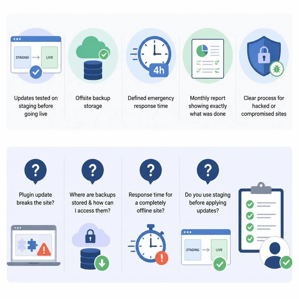 Business owner comparing WordPress maintenance providers for website support and security