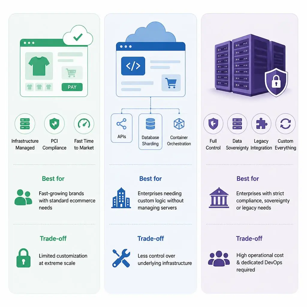 SaaS vs PaaS vs on premises ecommerce deployment model comparison chart