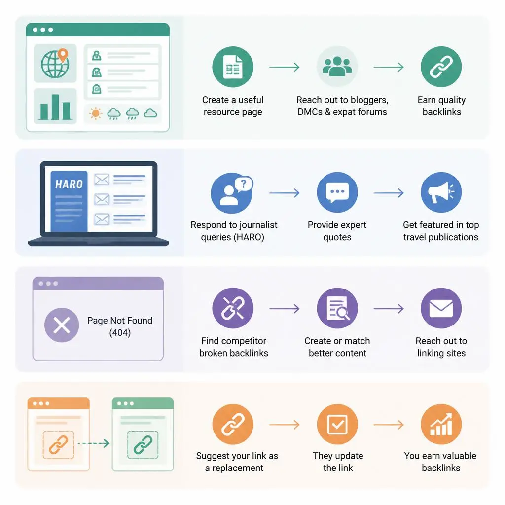 Link building strategies for travel websites showing SEO methods to improve authority and rankings