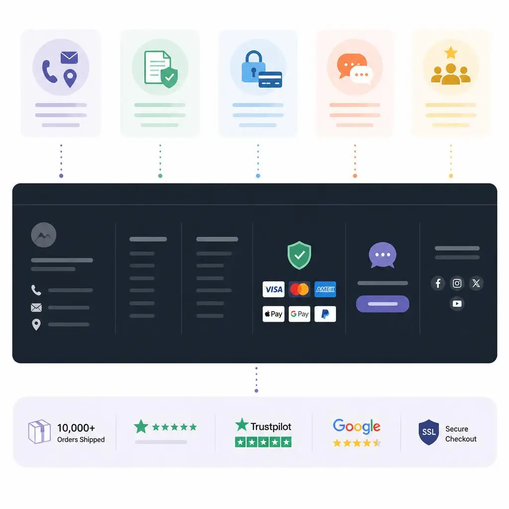 Ecommerce footer design showing trust signals like secure payment badges, reviews, guarantees, contact info, and policy links.