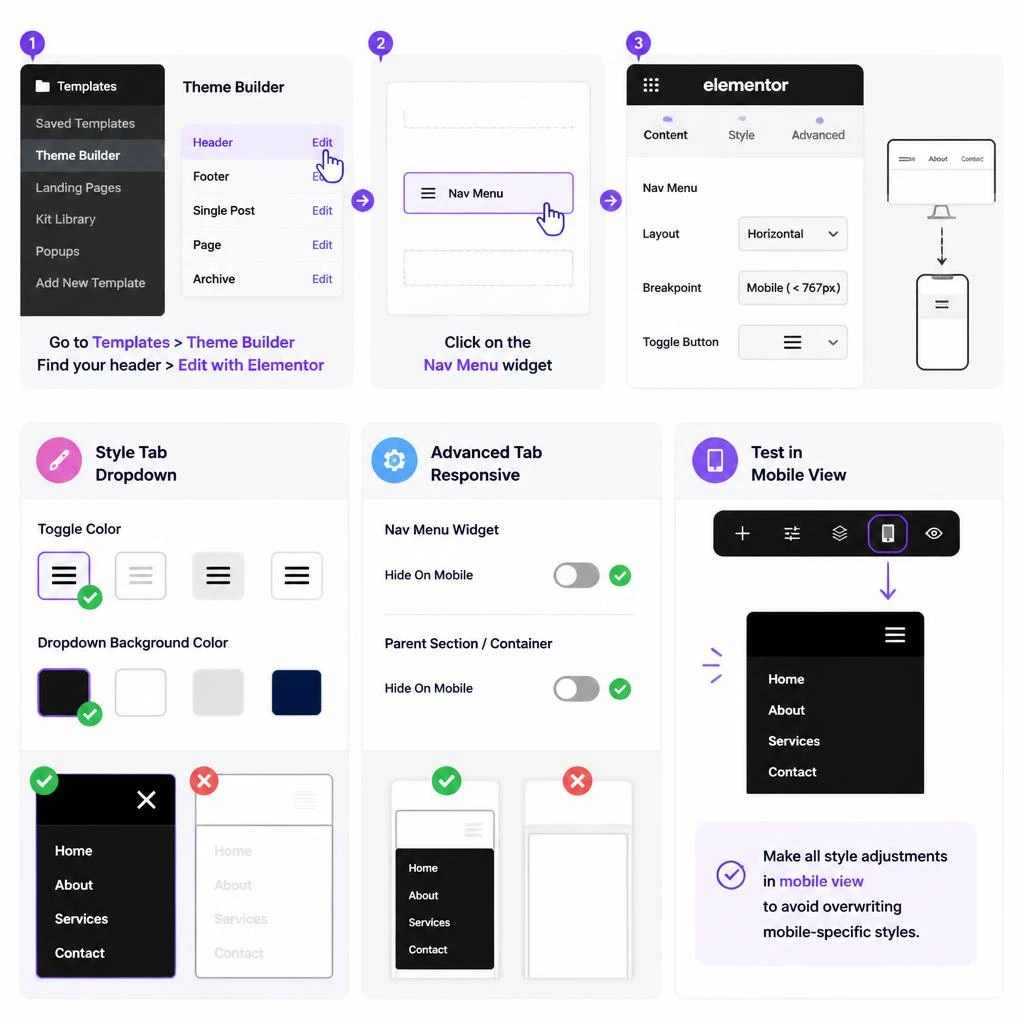 Elementor responsive settings sidebar showing the mobile visibility toggle and dropdown options.