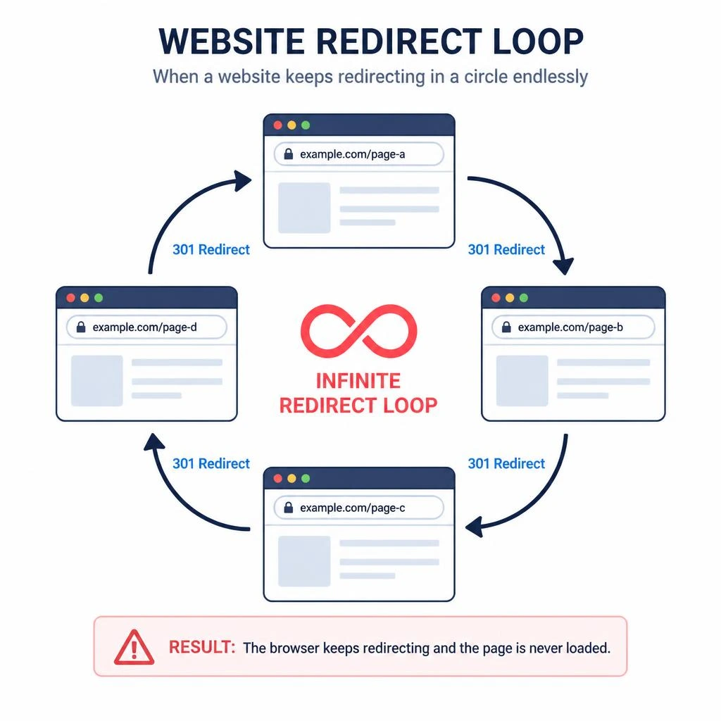 Infographic explaining a website redirect loop (ERR_TOO_MANY_REDIRECTS) where four web pages point to each other in a continuous circle using 301 redirects.