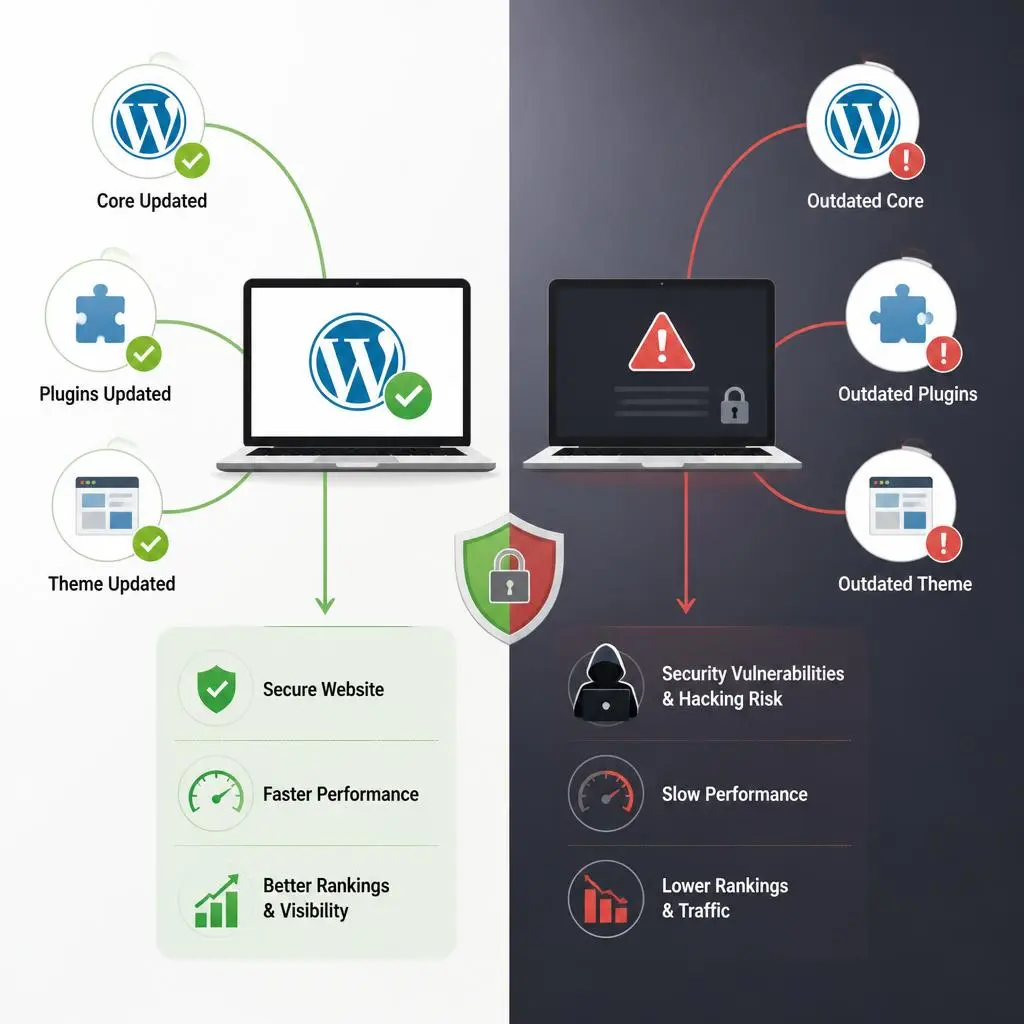 outdated WordPress dashboard showing unupdated plugins and security warnings for small business site
