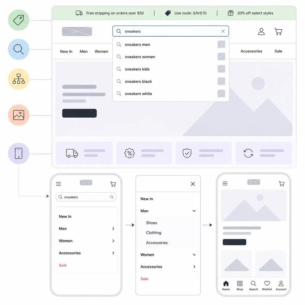Homepage and navigation flow structure showing ecommerce website layout, menu hierarchy, and user journey mapping for better UX and conversions.
