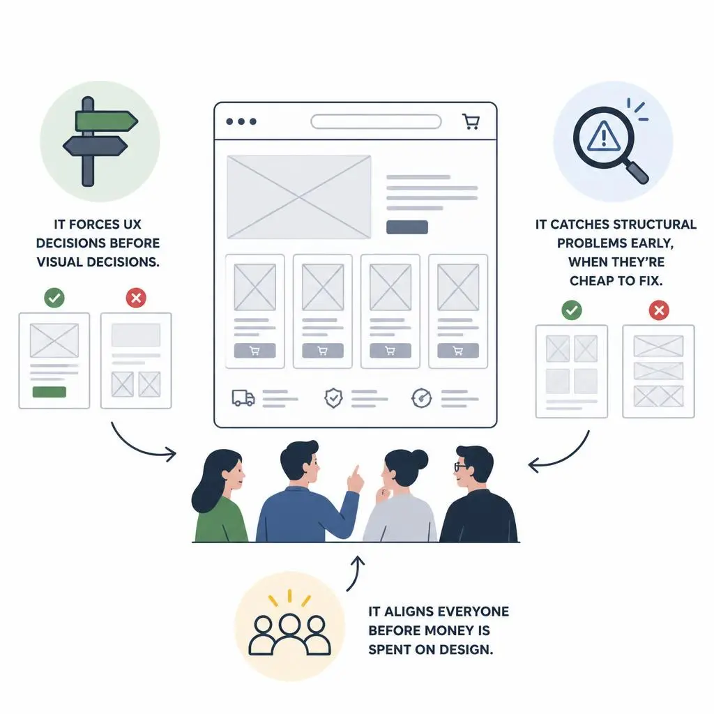 Ecommerce wireframe foundation concept showing early website planning, layout structure, and UX flow before final design.