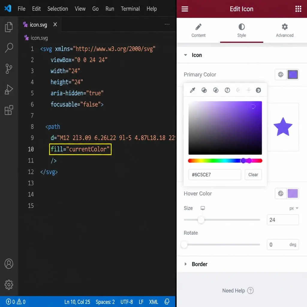 Editing SVG file code to fix color changing issue in Elementor