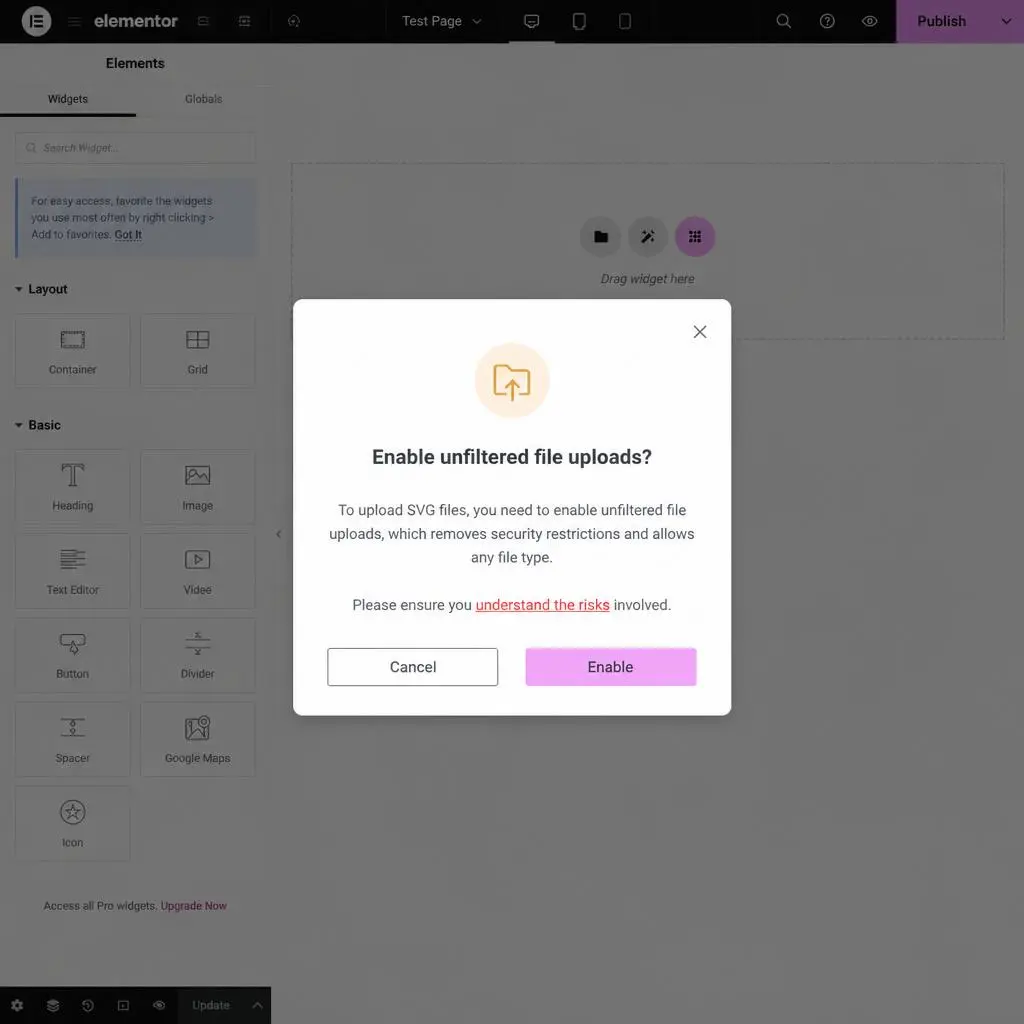 Elementor editor popup warning for enabling SVG uploads