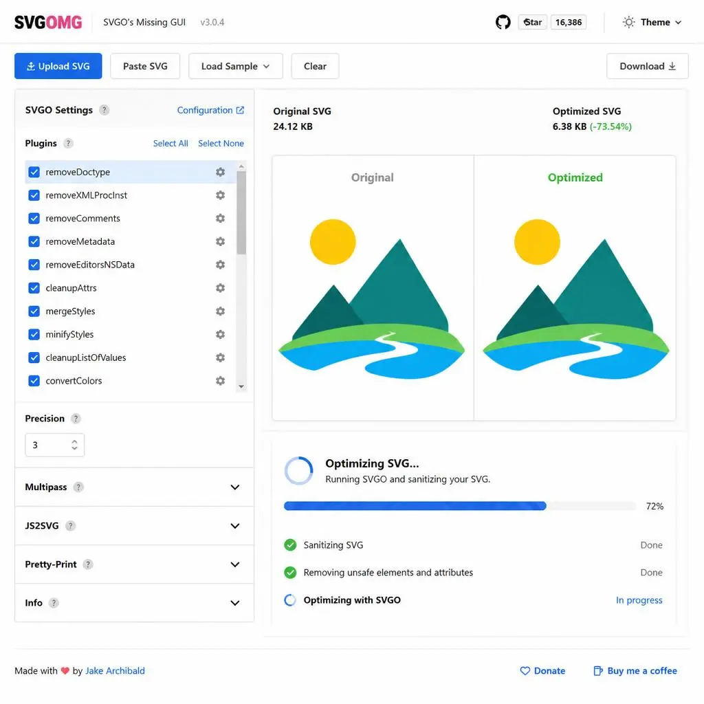 Sanitizing and cleaning SVG file code using SVGOMG optimizer