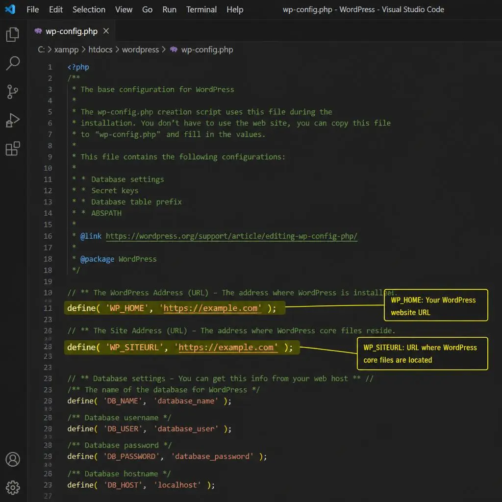wp-config.php file open in a text editor showing WP_HOME and WP_SITEURL constants defined with HTTPS URL