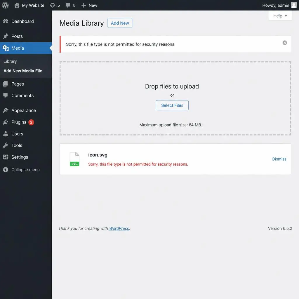 WordPress security error message showing file type not permitted for SVG upload