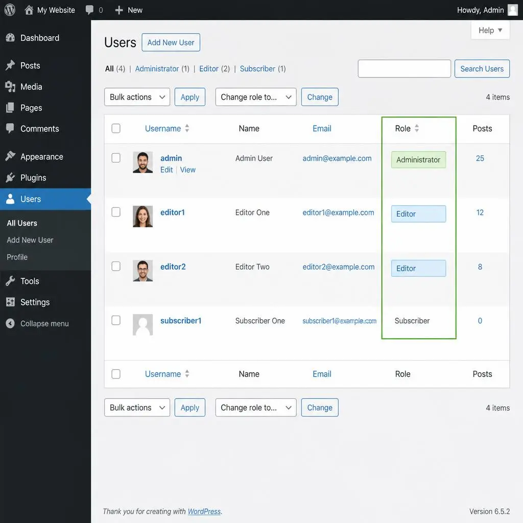 Checking user profile role capabilities in WordPress dashboard