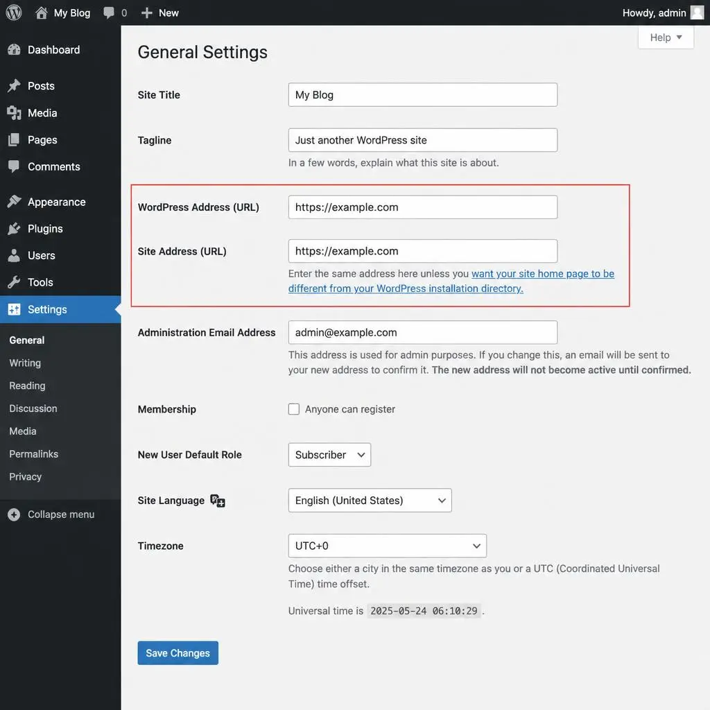 WordPress General Settings page showing WordPress Address and Site Address both set to the same HTTPS URL
