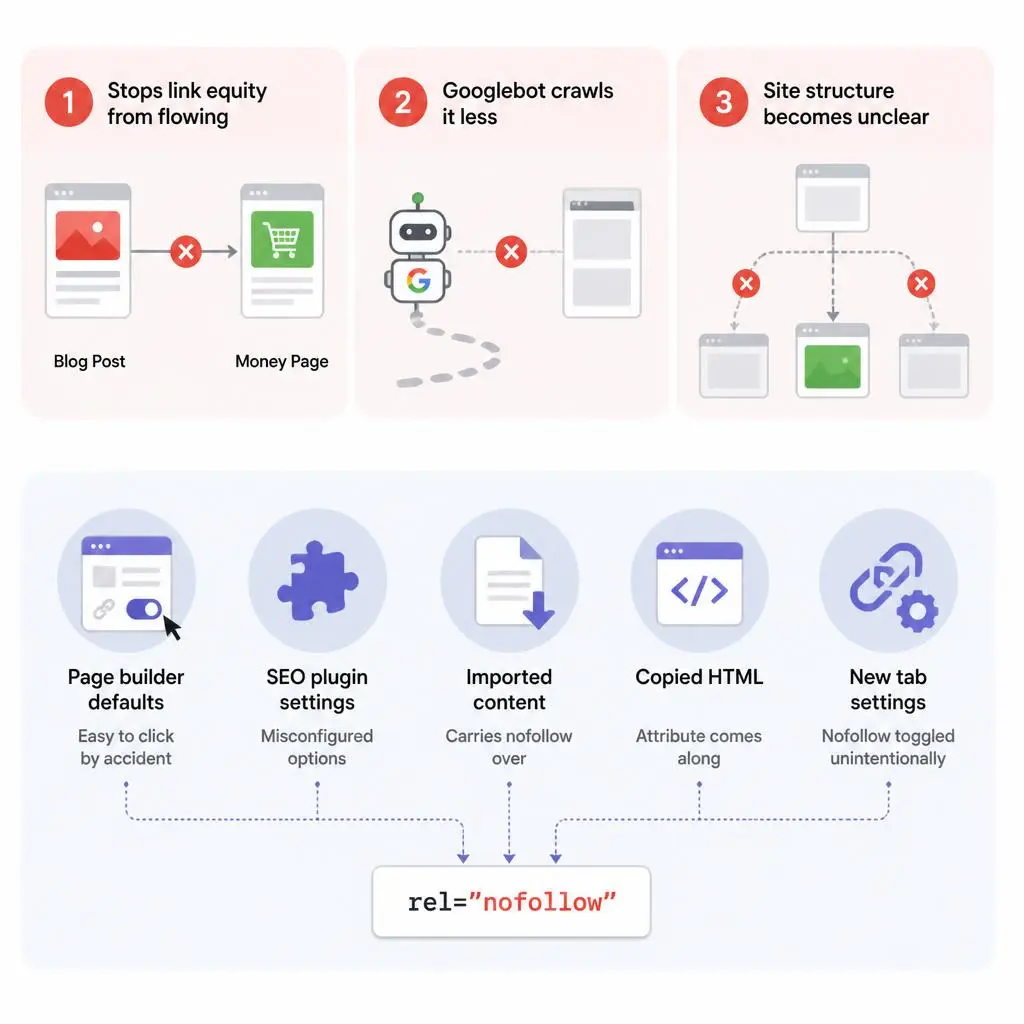 Illustration explaining nofollow links, link equity flow, search engine crawling, and the SEO impact of internal nofollow links.