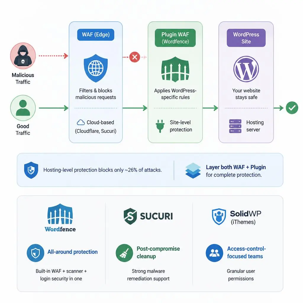 Illustration showing a WordPress security plugin and web application firewall (WAF) protecting a website from malware, hackers, and cyber threats.