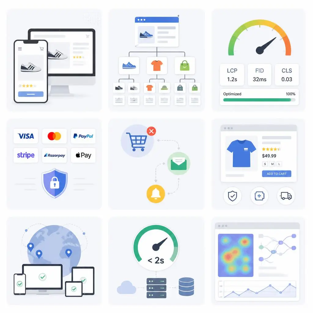 Illustration of a growing ecommerce store with scalable website design, increased traffic, higher conversions, and business growth strategies.